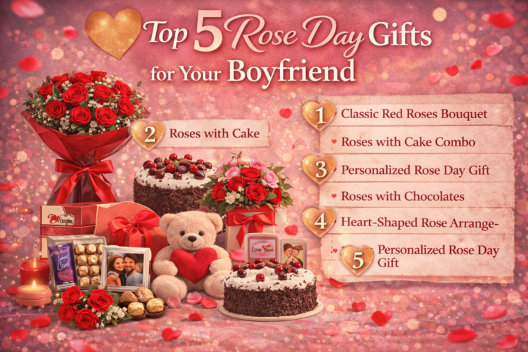Top 5 Rose Day gifts for your boyfriend including roses, chocolates, and personalized romantic surprises